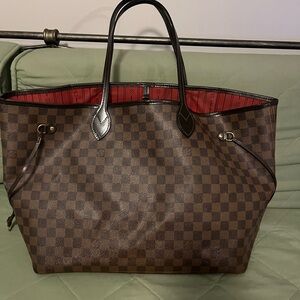 Louis Vuitton Brown Checkered Neverfull GM with Red Interior